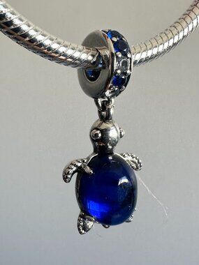 Authentic Pandora Silver Murano Glass Sea Turtle Charm NAVY BLUE 798939C02